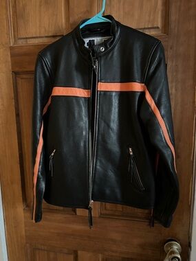 Black Leather Jacket with Orange Racing Stripes Evel Knievel